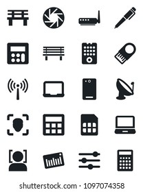 Set of vector isolated black icon - antenna vector, notebook pc, bench, barcode, satellite, laptop, phone back, mobile camera, tuning, calculator, sim, face id, pen, remote control, router