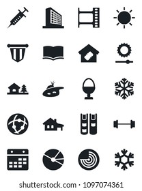 Set of vector isolated black icon - radar vector, office building, book, pennant, sun, syringe, barbell, film frame, network, calendar, brightness, pie graph, house with garage, tree, pond