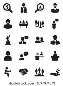 Set Of Vector Isolated Black Icon - Reception Vector, Speaking Man, Pedestal, Team, Meeting, Doctor, Patient, Client, Speaker, Group, User, Manager Desk, Waiter, Consumer Search, Handshake, Money