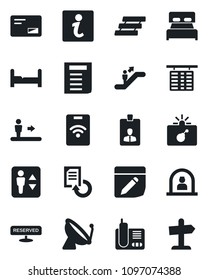 Set of vector isolated black icon - satellite antenna vector, elevator, escalator, bomb in case, reception, flight table, identity card, document, reload, radio phone, mail, notes, paper tray, pass