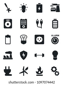 Set of vector isolated black icon - bulb vector, factory, fire, ripper, barbell, speaker, battery, rca, protect, socket, power plug, remote control, windmill, alarm led, gear