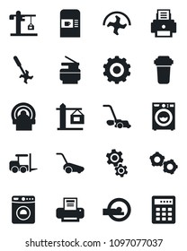 Set of vector isolated black icon - coffee machine vector, washer, fork loader, gear, ripper, lawn mower, tomography, printer, copier, crane, water filter, combination lock
