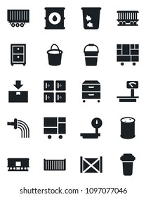 Set of vector isolated black icon - trash bin vector, checkroom, bucket, watering, railroad, truck trailer, cargo container, consolidated, package, oil barrel, heavy scales, archive box
