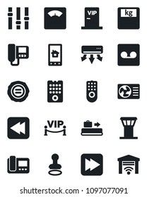 Set of vector isolated black icon - airport tower vector, baggage conveyor, stamp, scales, settings, fast forward, rewind, record, vip zone, remote control, air conditioner, intercome, home app