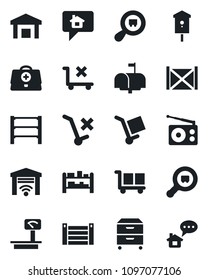 Set of vector isolated black icon - bird house vector, doctor case, container, cargo, no trolley, warehouse, heavy scales, search, rack, radio, archive box, mailbox, garage gate control