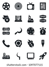 Set of vector isolated black icon - alarm clock vector, abacus, stamp, sickle, plant label, reel, vinyl, flame disk, tv, radio phone, call, office, open close, rocket
