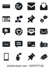 Set of vector isolated black icon - speaking man vector, mail, office phone, speaker, paper pin, mobile, message, network, reserved, home, schedule