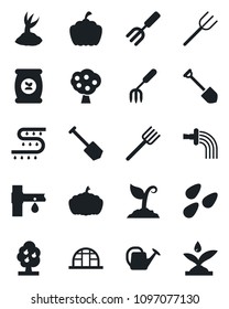 Set of vector isolated black icon - job vector, garden fork, farm, watering can, sproute, pumpkin, greenhouse, seeds, fertilizer, drip irrigation, fruit tree