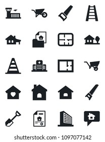 Set of vector isolated black icon - border cone vector, airport building, office, shovel, ladder, wheelbarrow, saw, house, hospital, with garage, tree, plan, estate document, sweet home, message