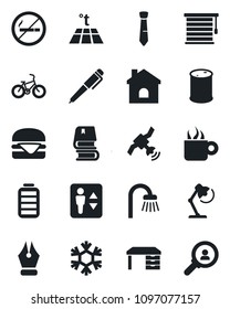 Set of vector isolated black icon - elevator vector, no smoking, desk, house, bike, oil barrel, satellite, battery, ink pen, lamp, tie, book, bathroom, coffee, hamburger, snowflake, warm floor