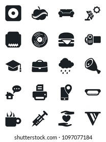 Set of vector isolated black icon - graduate vector, printer, rain, syringe, heart hand, diet, mobile tracking, vinyl, video camera, rec button, hdmi, case, cushioned furniture, coffee, ham, hot dog