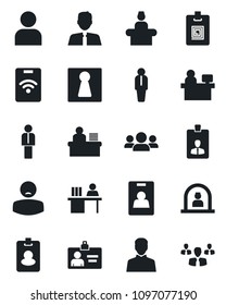 Set of vector isolated black icon - female vector, reception, manager, identity card, place, patient, user, desk, estate agent, pass, group
