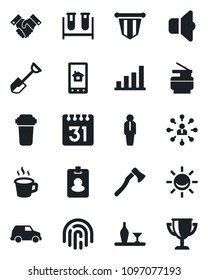 Set of vector isolated black icon - manager vector, hierarchy, pennant, shovel, axe, blood test vial, calendar, fingerprint id, coffee, bar graph, copier, handshake, alcohol, home control app, sound