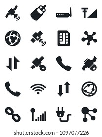 Set of vector isolated black icon - satellite vector, network, share, chain, rca, call, sim, data exchange, cellular signal, wireless, power plug, router, social media