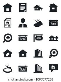 Set of vector isolated black icon - office building vector, house, pond, contract, with garage, tree, estate document, sale, rent, sold signboard, search, agent, smart home, message