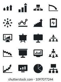 Set of vector isolated black icon - growth statistic vector, hierarchy, presentation board, monitor, pulse clipboard, statistics, pie graph, point, arrow up, crisis