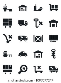 Set of vector isolated black icon - sea shipping vector, truck trailer, car delivery, port, container, consolidated cargo, no trolley, hook, warehouse, search, moving