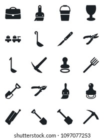 Set of vector isolated black icon - suitcase vector, stamp, baggage larry, job, shovel, farm fork, bucket, pruner, scalpel, fragile, themes, case, ladle, hard work