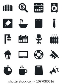 Set of vector isolated black icon - hot cup vector, notepad, calendar, tv, speaker, stopwatch, notes, office chair, tie, fence, bathroom, heater, rolling pin, cutting board, outdoor lamp