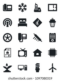 Set of vector isolated black icon - radio phone vector, house, plan, estate document, bedroom, tv, rolling pin, chip, fan, remote control, irrigation, wireless, snowflake, intercome, pc, windmill