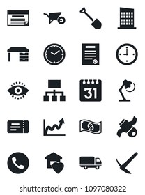 Set of vector isolated black icon - phone vector, ticket, desk, job, wheelbarrow, satellite, car delivery, calendar, eye id, clock, lamp, contract, sweet home, city house, growth graph, cash