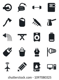 Set of vector isolated black icon - plane radar vector, wind, pencil, bucket, watering, hose, axe, picnic table, tomography, barbell, speaker, low battery, rca, ink pen, rolling pin, turkish coffee