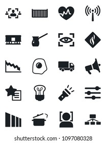 Set of vector isolated black icon - antenna vector, heart pulse, cargo container, car delivery, sorting, railroad, loudspeaker, favorites list, tuning, torch, face id, hr, steaming pan, omelette