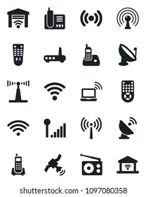 Set of vector isolated black icon - antenna vector, wireless notebook, office phone, satellite, radio, remote control, cellular signal, router, garage gate