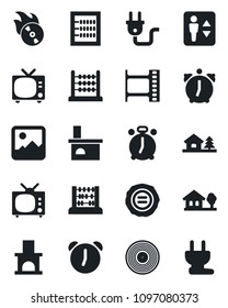 Set of vector isolated black icon - elevator vector, alarm clock, tv, abacus, stamp, fireplace, film frame, vinyl, flame disk, gallery, house with tree, power plug