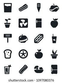 Set of vector isolated black icon - seedling vector, plant label, diet, drink, phyto bar, salad, bacon, bread, hot dog, apple fruit, fan, fridge
