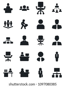 Set of vector isolated black icon - reception vector, manager, office chair, place, client, user, desk, hierarchy, company, estate agent, group