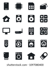 Set of vector isolated black icon - calculator vector, monitor, speaker, phone back, sim, washer, smart home, credit card, chip, remote control, router, usb flash