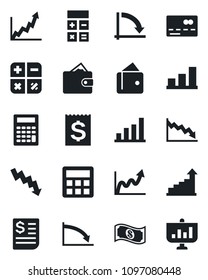 Set of vector isolated black icon - credit card vector, growth statistic, calculator, crisis graph, receipt, bar, wallet, cash, presentation