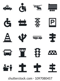 Set of vector isolated black icon - airport tower vector, taxi, bus, parking, passport control, signpost, alarm car, border cone, helicopter, disabled, route, traffic light, truck trailer, guidepost
