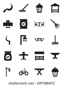 Set of vector isolated black icon - cafe vector, rake, sickle, garden light, picnic table, fertilizer, bike, restaurant, alcove, outdoor lamp