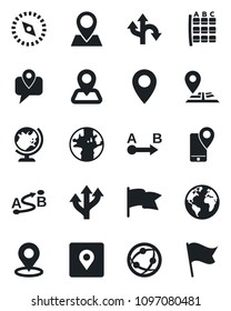 Set of vector isolated black icon - globe vector, seat map, route, navigation, earth, pin, mobile tracking, network, place tag, compass, flag