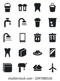 Set of vector isolated black icon - trash bin vector, shower, bucket, tooth, mobile, blank box, water supply, bathroom, serviette, filter, windmill