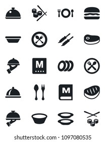 Set of vector isolated black icon - spoon and fork vector, dish, cafe, menu, plates, waiter, steak, kebab, hamburger, bowl, sushi