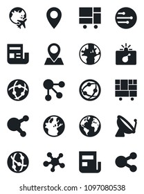 Set of vector isolated black icon - satellite antenna vector, bomb in case, plane globe, earth, pin, consolidated cargo, network, share, news, social media