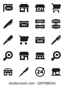 Set of vector isolated black icon - 24 around vector, shop, pen, store, search cargo, sale, sold signboard, cafe building, open close, cart, storefront
