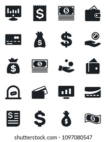 Set of vector isolated black icon - credit card vector, ticket office, dollar sign, money bag, statistic monitor, cash, receipt, wallet, investment
