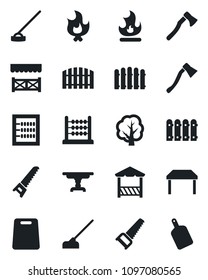 Set of vector isolated black icon - fence vector, tree, saw, fire, hoe, axe, abacus, table, alcove, cutting board