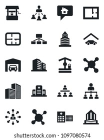 Set of vector isolated black icon - hierarchy vector, well, molecule, hospital, office building, garage, plan, home message