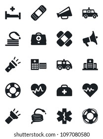 Set of vector isolated black icon - hose vector, heart pulse, doctor case, patch, ambulance star, car, hospital bed, loudspeaker, torch, crisis management