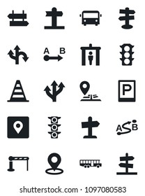 Set of vector isolated black icon - airport bus vector, parking, barrier, security gate, signpost, border cone, route, navigation, traffic light, place tag, guidepost