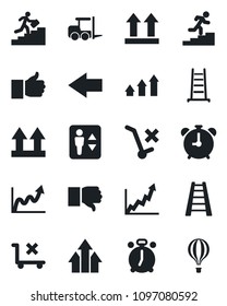 Set of vector isolated black icon - elevator vector, alarm clock, left arrow, fork loader, ladder, up side sign, no trolley, finger, down, career, graph, growth, air balloon