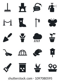 Set of vector isolated black icon - fence vector, flower in pot, trowel, rake, seedling, glove, boot, saw, lawn mower, butterfly, rain, hose, garden light, fireplace, greenhouse, seeds, bird house