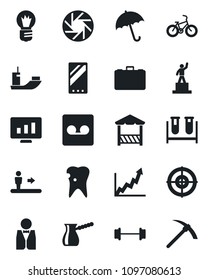 Set of vector isolated black icon - umbrella vector, escalator, case, pedestal, bulb, statistic monitor, blood test vial, barbell, bike, caries, sea shipping, mobile, camera, record, target, waiter