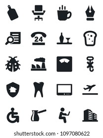Set of vector isolated black icon - departure vector, document search, factory, lady bug, scales, disabled, tooth, 24 hours, no hook, tv, ink pen, office chair, alcohol, coffee, bread, cutting board