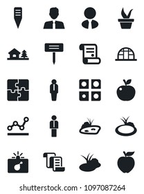 Set of vector isolated black icon - bomb in case vector, manager, contract, seedling, plant label, greenhouse, pond, application, point graph, house with tree, estate agent, apple fruit